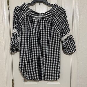 Studio Black and White Gingham Off-Shoulder Blouse with Lace Trim